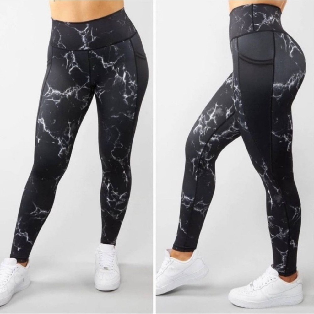 Buffbunny High Rise Marble Leggings White Supportive Comfort Women's Size Large